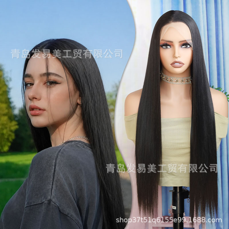 Black long straight lace front wig for women, high-temperature fiber, full head cover, glue-free, pre-plucked hairline, slimming and face-shaping Black long straight lace front wig for women, high-temperature fiber, full head cover, glue-free, pre-plucked hairline, slimming and face-shaping