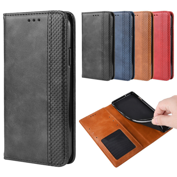 For Sharp Sumaho 5 Magnetic Buckle Retro Pattern Card Leather Case Kyocera KYV48 Solid Color Protective Case