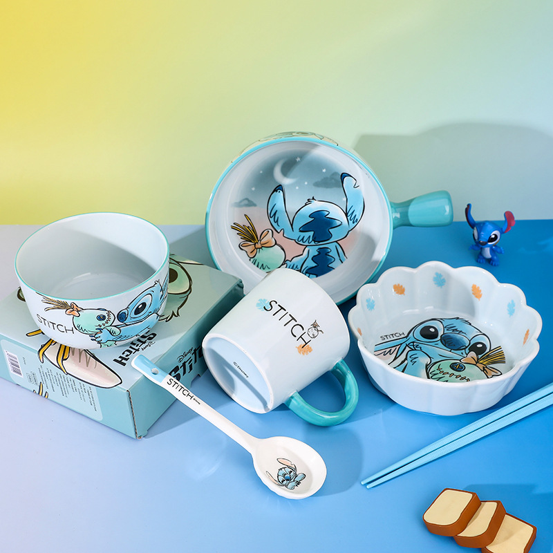 Stitch juego de vajilla de cerámica tazón de mango de dibujos animados ensaladera de cerámica tazón de arroz lindo vajilla personalizada caja de regalo