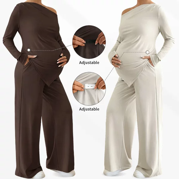 European and American Cross-Border Autumn Maternity One-Shoulder Set with Asymmetrical Hem Wide-Leg Pants Postpartum Casual Two-Piece Set