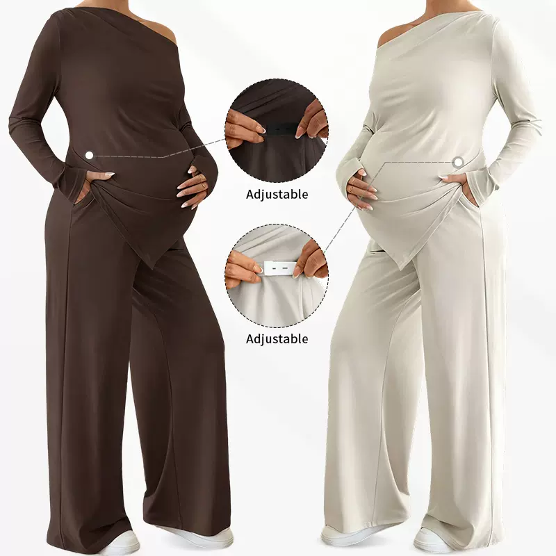 2025秋季新款欧美跨境一字肩领不对称下摆直筒长裤孕妇装休闲套装