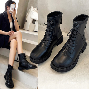 Foreign Trade Leather Boots Women's 2024 Autumn and Winter New Retro Low Boots Round Toe Thick Heel Boots Soft Leather Lace-up Martin Boots Women