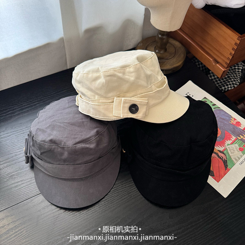 侧边蝴蝶结纽扣装饰时髦复古平顶春秋个性高级感百搭马术帽报童帽|undefined