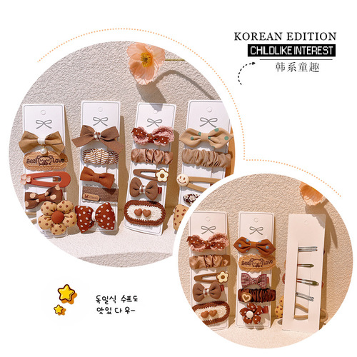 5 Pack Korean Style Milk Tea Color Sweet Fabric Bow Hair Clips for Kids, Cute Cartoon BB Clips for Little Girls, Edge Clips