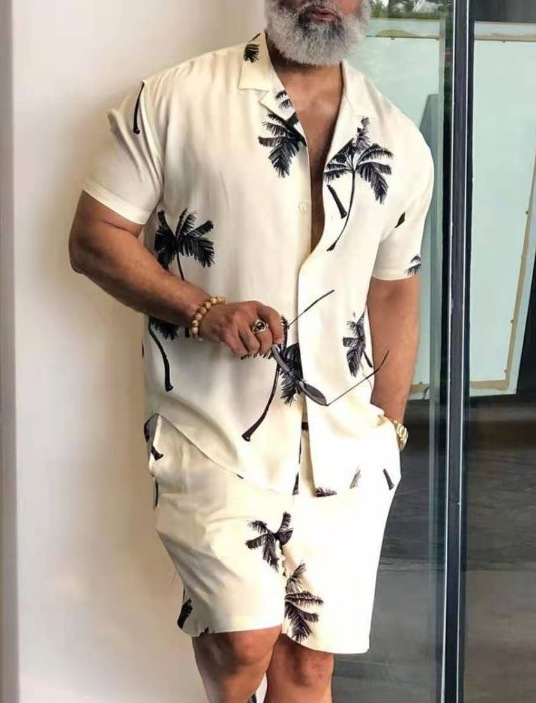Verano Amazon venta caliente impresión 3D suelta camisa de manga corta traje casual hawaiano estampado de dos piezas para hombre