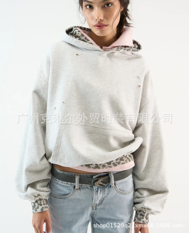 Other Sweater Leopard Trim Fake Two-Piece Distressed Light Grey