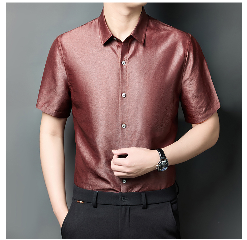Áo sơ mi nam tay ngắn cổ bẻ chất lụa tơ tằm cao cấp họa tiết vân rùa — Đỏ HT5906 chi tiết 13