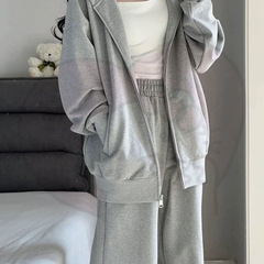 休闲运动套装女秋冬新款宽松连帽灰色卫衣阔腿裤两件套开衫外套潮