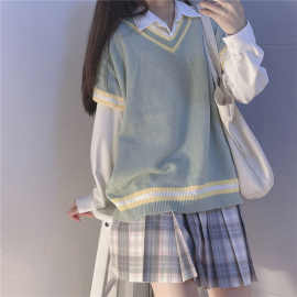 【两件套装】针织衫v领马甲女宽松百搭设计感复古学院风毛衣背心