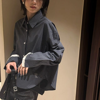 黎诺早秋新款翻领格子衬衣女2026韩系小众显瘦气质潮流衬衫上衣潮