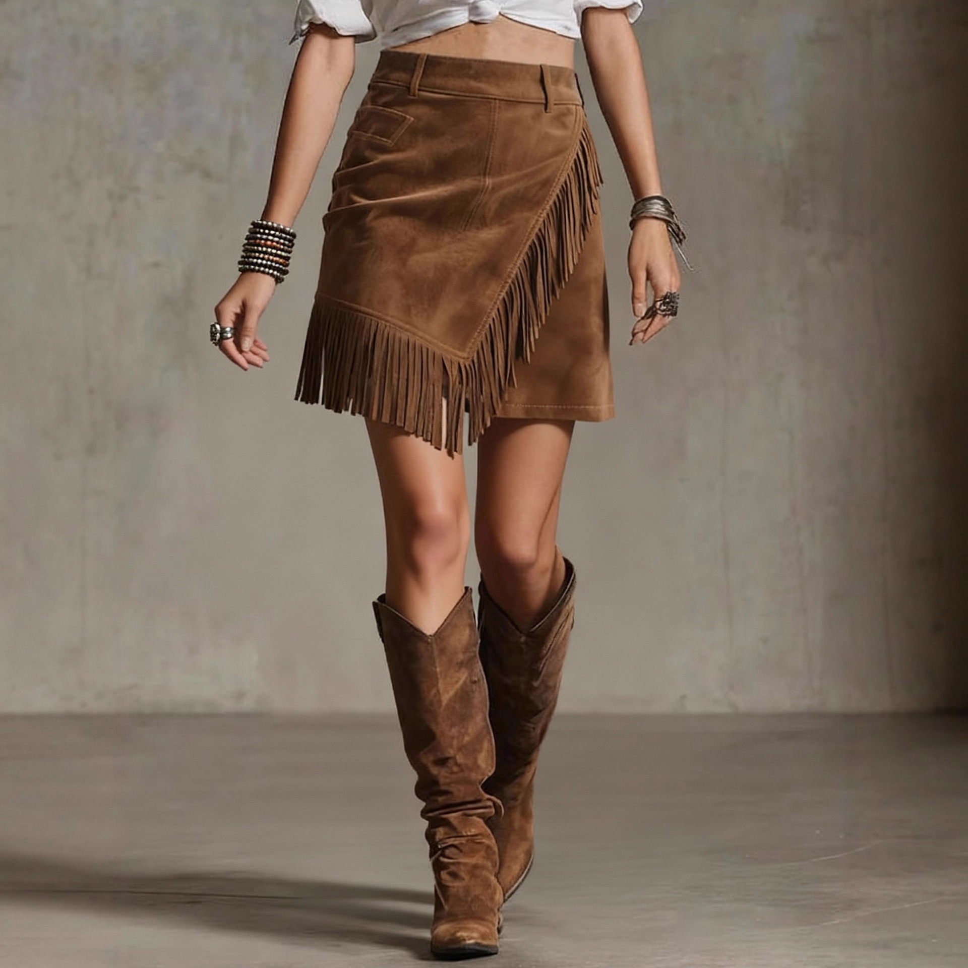 Cross-Border European and American New Style Women's Retro Western Style Suede Casual Asymmetric Tassel Hem Hip-Hugging Short Skirt