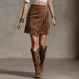 跨境欧美新款女士复古西部风麂皮绒休闲不对称流苏下摆包臀短裙