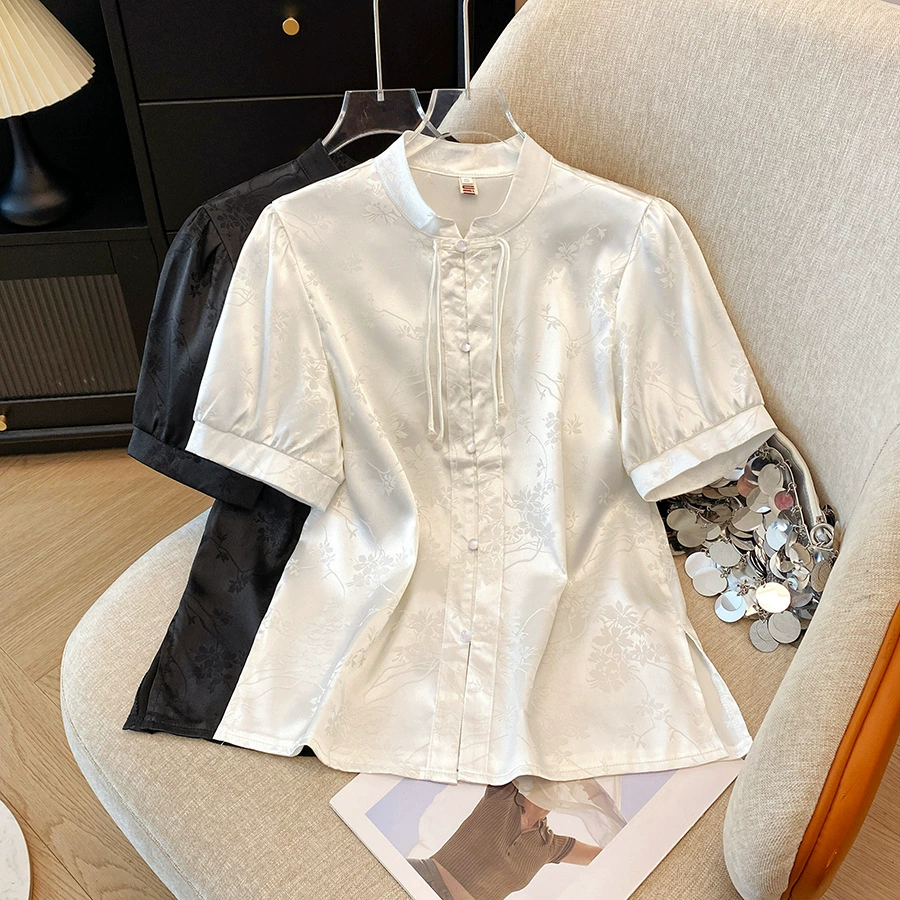 Летняя новинка 2025 года: женская рубашка с коротким рукавом в китайском стиле, жаккардовый атлас, ручная работа, бахрома, бисер, топ в национальном тренде