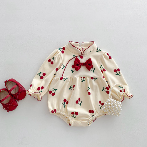 Newborn baby clothes, spring and autumn baby girl jumpsuits, princess cherry romper, infant and toddler full moon 100-day bag fart clothes