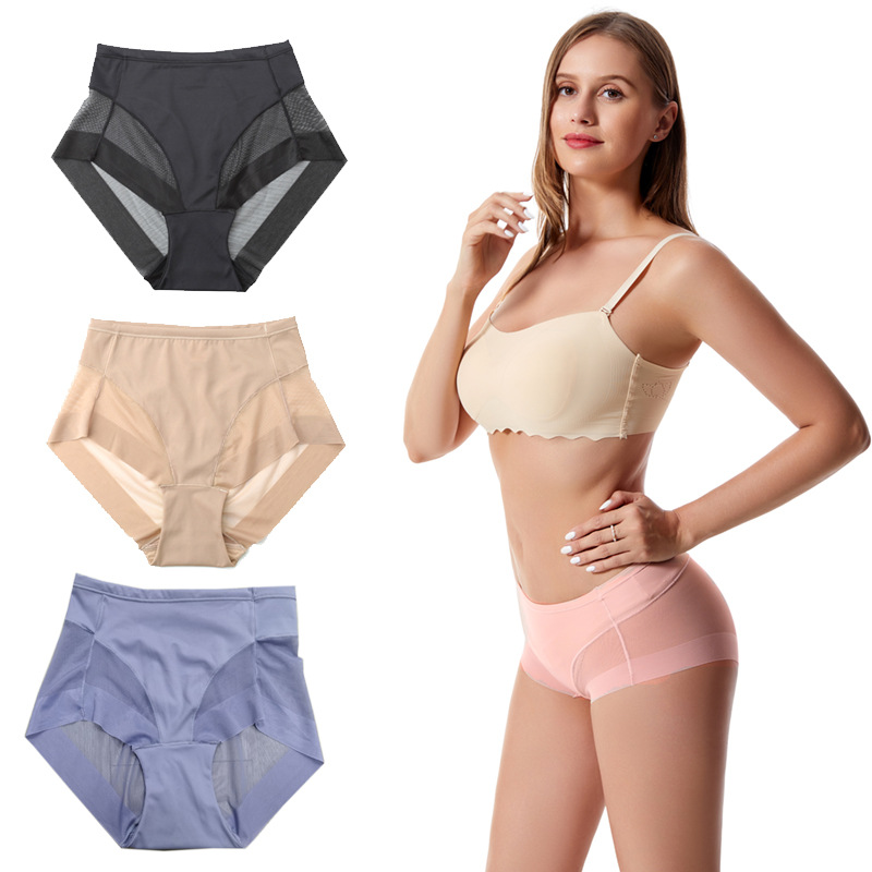 Calzoncillos de mujer de cintura media europea y americana transfronterizos calzoncillos de malla transparente cintura adelgazante cómoda ropa interior de mujer elástica alta sin costuras