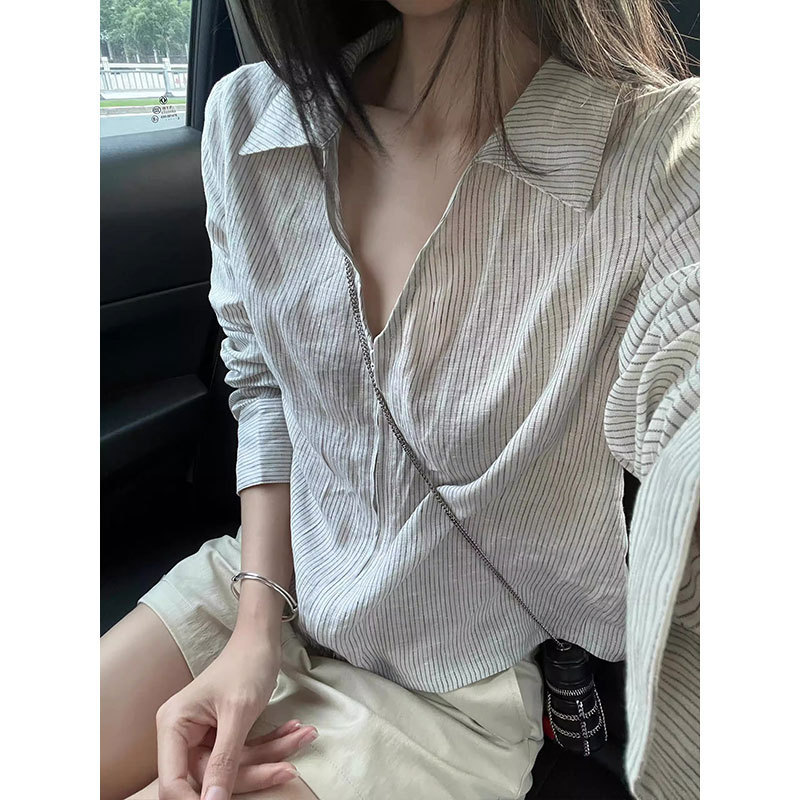 夏季宽松慵懒风设计感显瘦百搭条纹V领衬衫韩系休闲POLO衫上衣|undefined