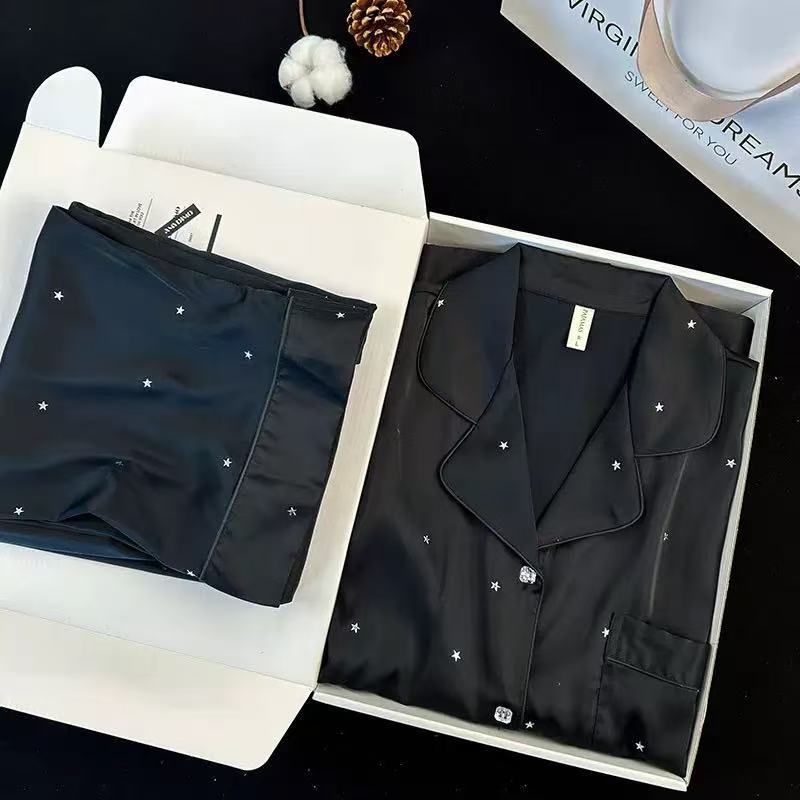 Ins Style Korean Style Light Luxury Star Elegant Niche Ice Silk Pajamas Women's Spring and Autumn New Long Sleeve Home Clothes Two Pieces Ins Style Korean Style Light Luxury Star Elegant Niche Ice Silk Pajamas Women's Spring and Autumn New Long Sleeve Home Clothes Two Pieces