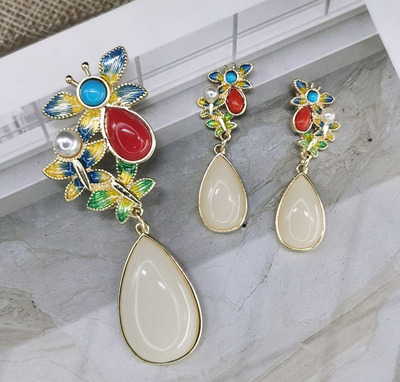 alloy new pattern colour Enamel Antiquity Brooch Ethnic style cheongsam Earrings Accessories Imitation jade Drop Brooch