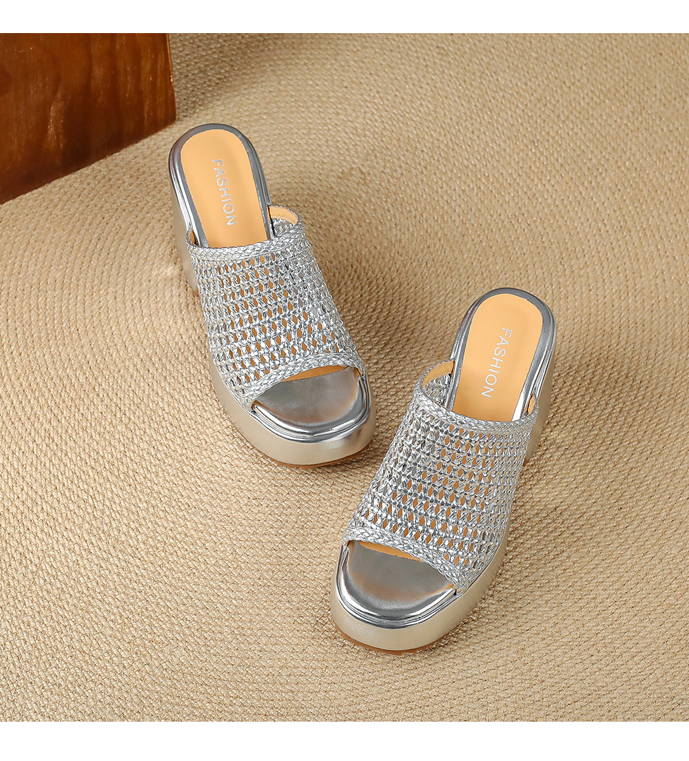 Sandal cao gót nữ hở mũi đế xuồng đan lát phong cách La Mã — màu đen, màu trắng ngà, bạc chi tiết 15