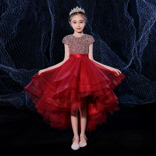 Children's Evening Dress Girl Birthday Princess Dress Red Flower Girl Hosting Catwalk Girl Piano Playing Tutu Skirt