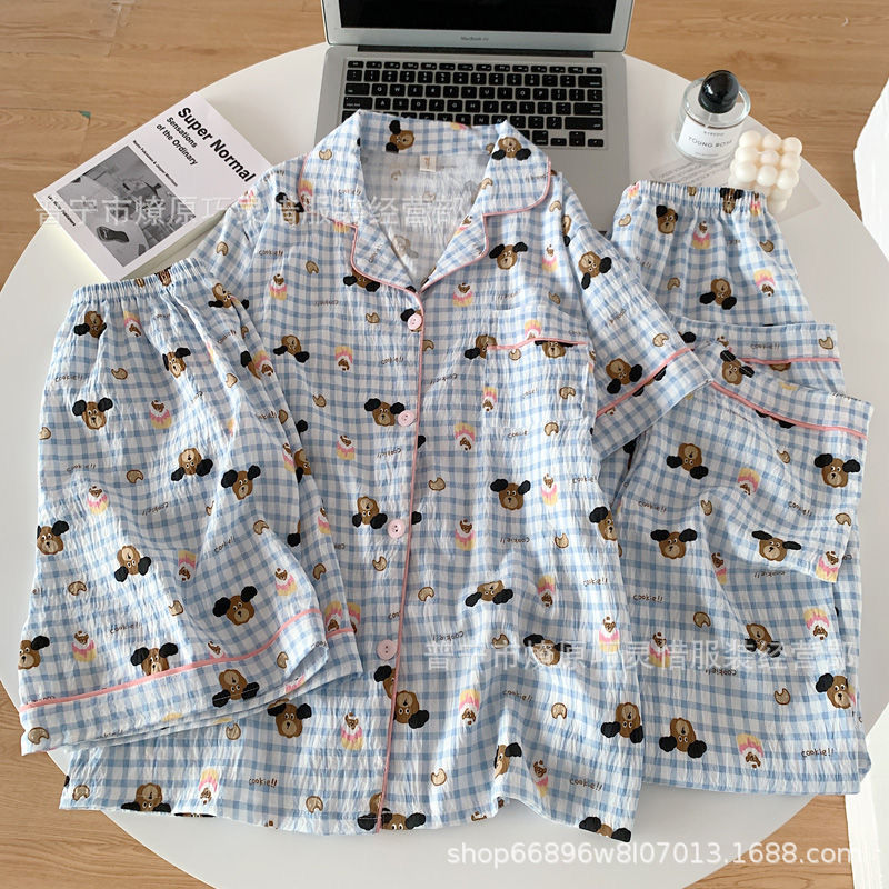 Hermosos pijamas de tela de rabu mujeres primavera y otoño verano nubes de algodón dulce mangas cortas pantalones cortos de tres piezas ropa para el hogar