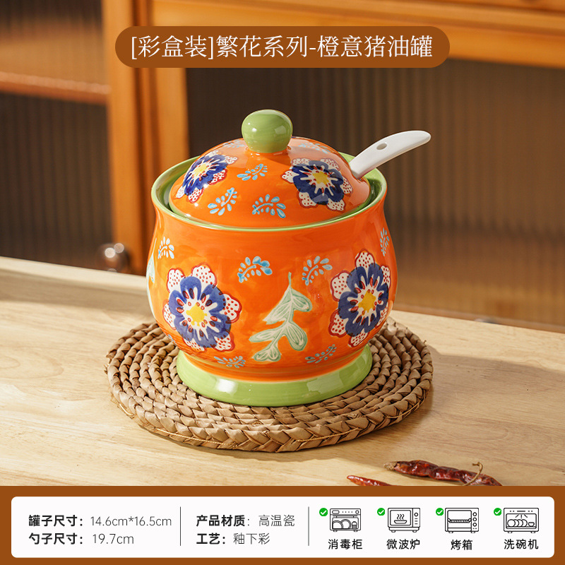 Porcelana pintada a mano esmaltada de color cerámico con sabor, grasa doméstica, grasa de cerdo con cuchara de cubierta, grasa de cerdo resistente a altas temperaturas