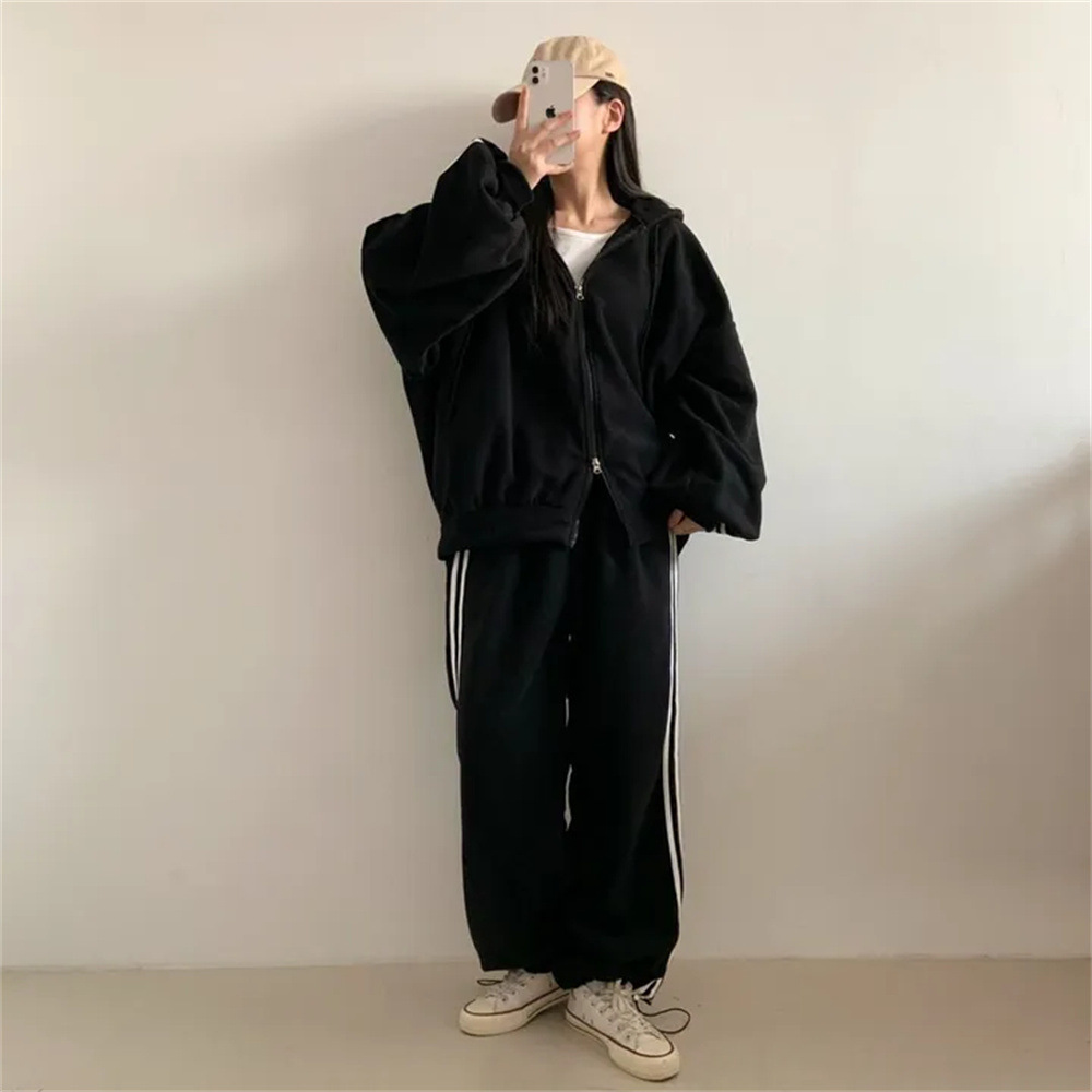 クロスボーダー卸売ジッパースウェットシャツカジュアルツーピースグレー韓国ブランドファッションスポーツスーツ女性のための春と秋怠惰なルーズ