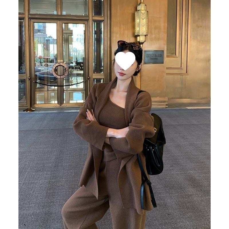法式简约高级感毛衣套装女秋冬新款针织开衫背心高腰阔腿裤三件套|undefined