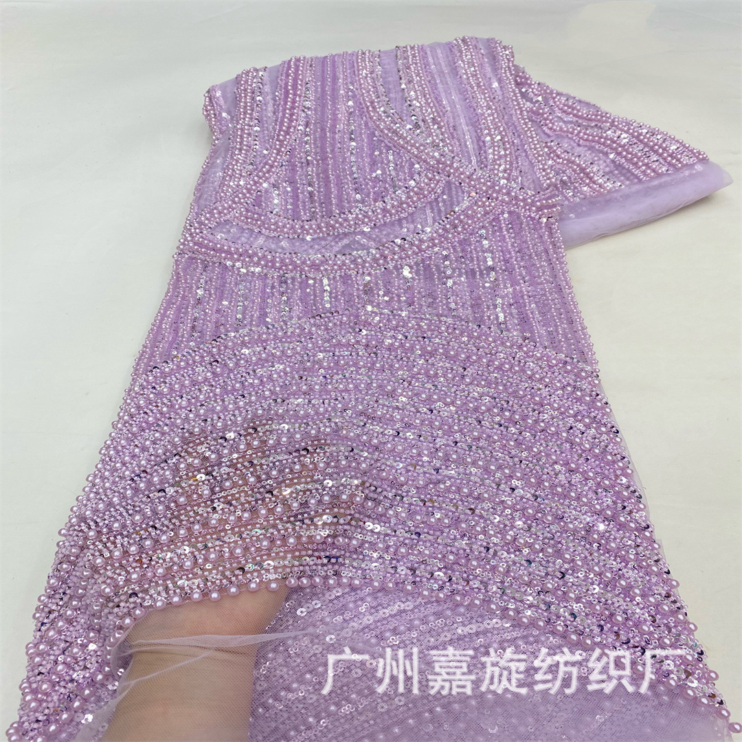Tela de encaje africana de alta gama con cuentas pesadas, lentejuelas de cristal y bordados para vestido de novia, tela de moda. image 1