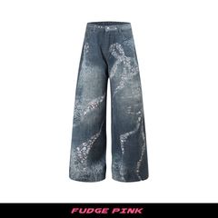 Fudge Pink 2025秋季New美式复古高品质洗水3D印花牛仔长裤