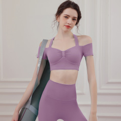 帛揚時尚性感瑜伽套裝女甜美一字肩修身跨境運動跑步健身服兩件套