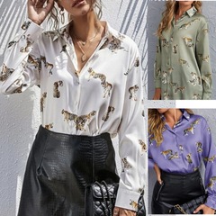 在庫多数 Amazon 外国貿易婦人服長袖ラペルシングルブレストタイガーパターンシルクプリントシャツ女性用
