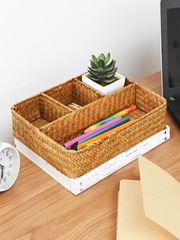 Vintage seaweed storage box with compartments, miscellaneous storage basket, desktop remote control storage basket, woven cosmetic organizer box