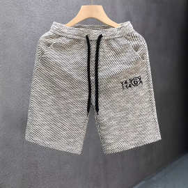 夏季潮牌五分裤时尚条纹百搭痞帅短裤网红刺绣松紧腰大裤衩男