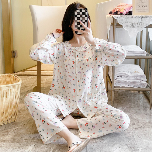 Women's Spring and Autumn Satin Pajamas - Summer Thin Satin Long Sleeve Man-made Cotton Cardigan Home Set Air Conditioning Suit Wholesale