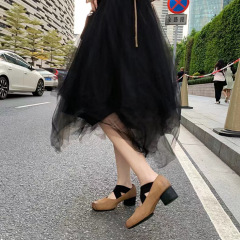 羊皮葡萄妈高跟单鞋女复古交叉带玛丽珍鞋方头猪鼻子粗跟芭蕾舞鞋