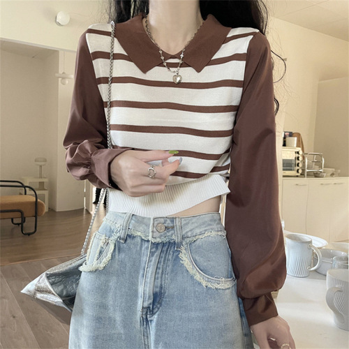 Designer Style Niche Splicing False Two-Piece Women's Autumn Striped Knit Top Women's Long-Sleeve Hooded Short-Sleeve Top