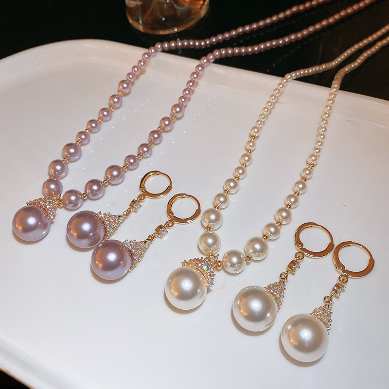 真金电镀圆形珍珠款耳钉项链套装小众耳环时尚气质耳饰轻奢高级感详情15