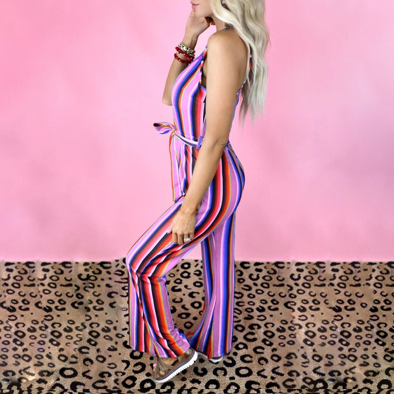 color stripe printing halter high waist lace-up jumpsuit nihaostyles clothing wholesale NSZH80671