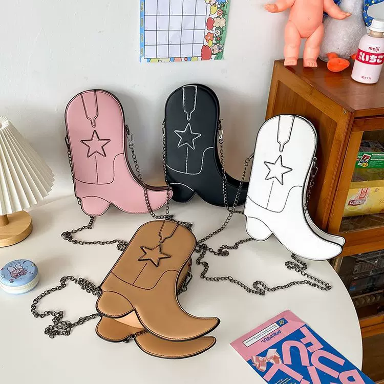 圣诞节欧美风搞怪靴子型小包包pu2024新款牛仔风鞋子斜挎包链条包