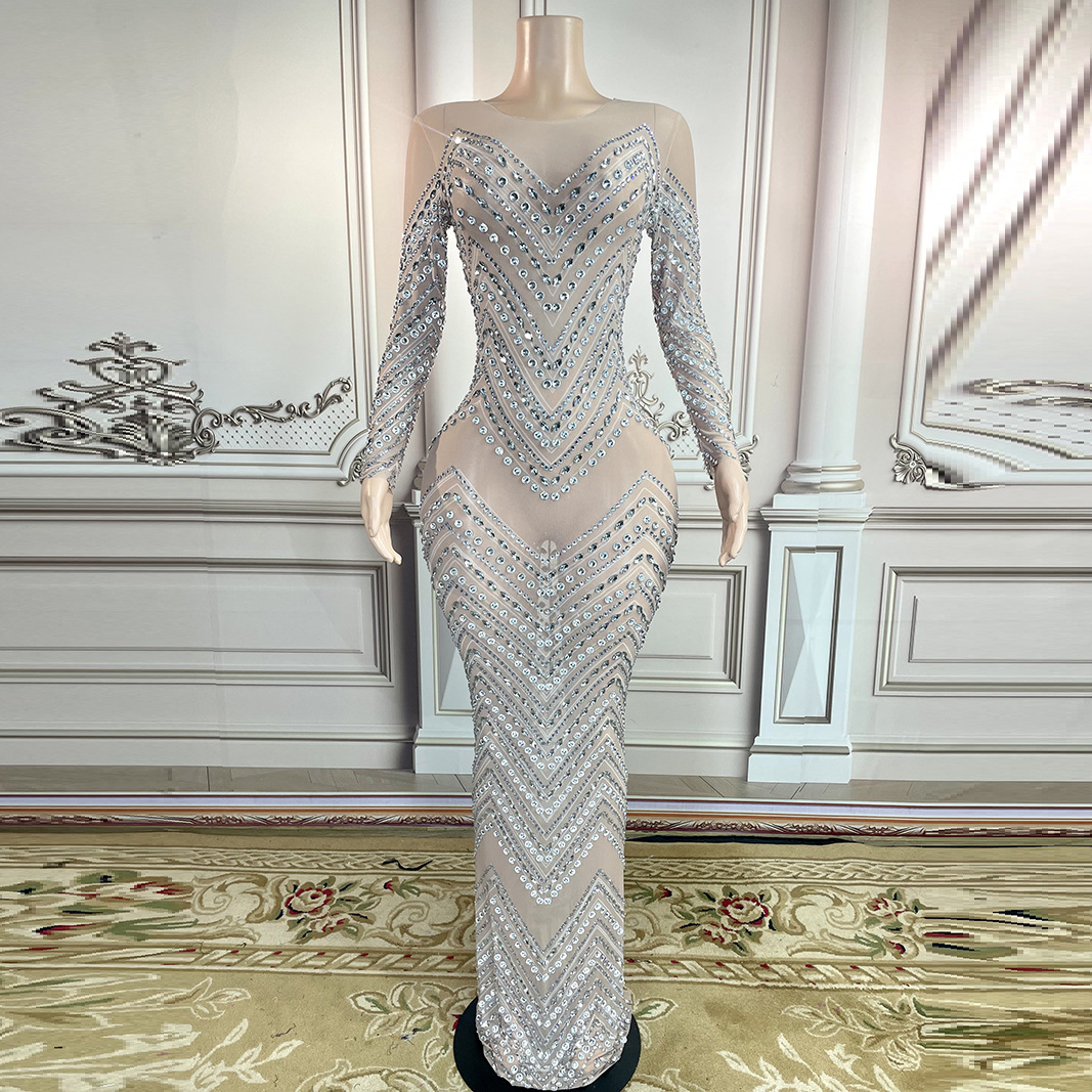 Novance Costume Shiny Diamond Crystal Long Sleeve Prom Dress Birthday Dress Bar Evening Dress