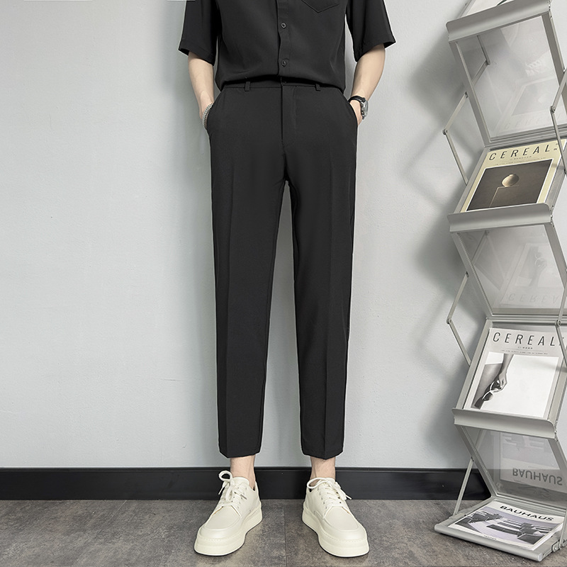 Pants Men's Summer New Arrival Cropped Trousers Men's Straight Slim-fit Dummy Casual Suit Trousers Ice Silk Thin