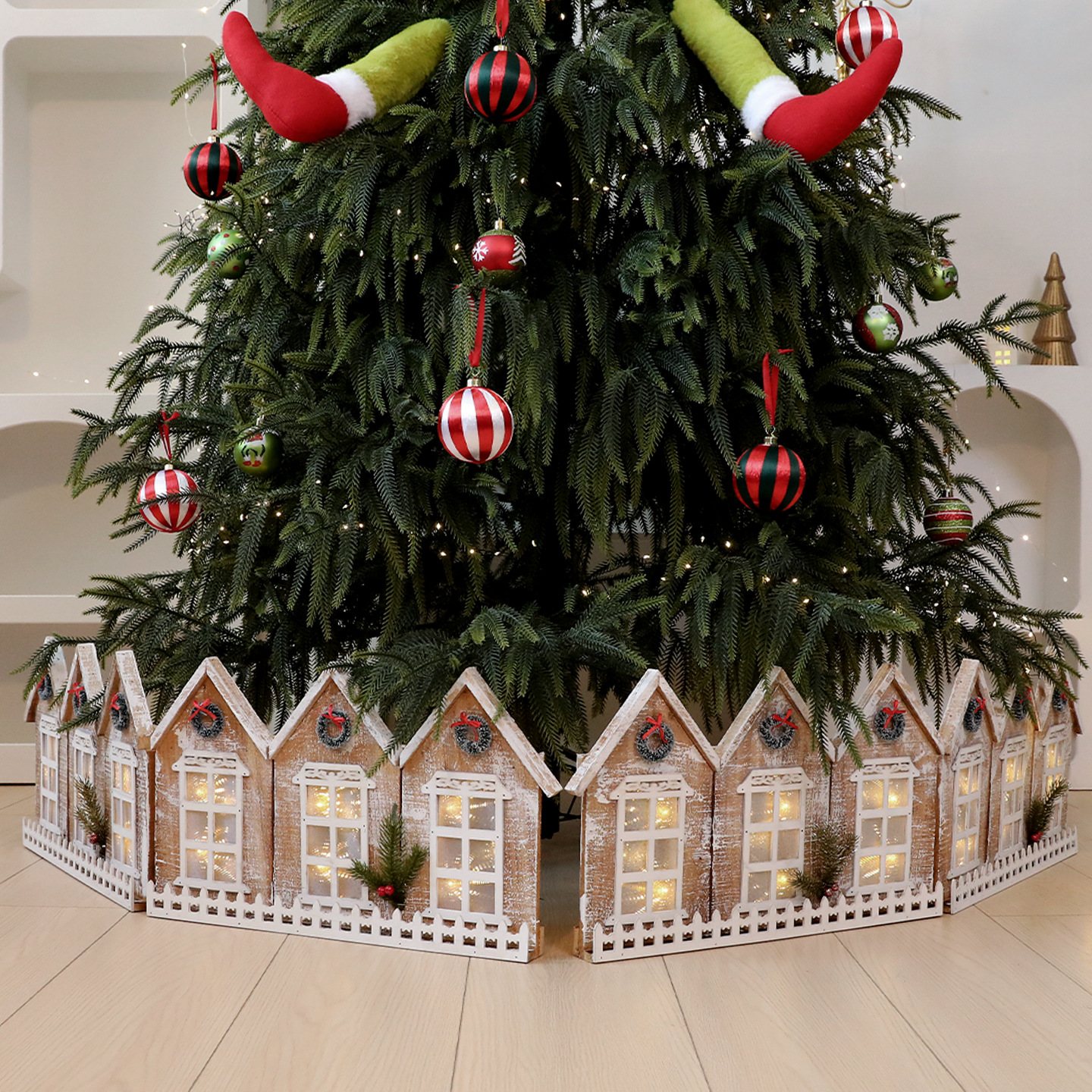 Shengyuan nuevo producto transfronterizo retro luminoso plegable nieve casa de madera valla de árbol de Navidad decoración de Navidad