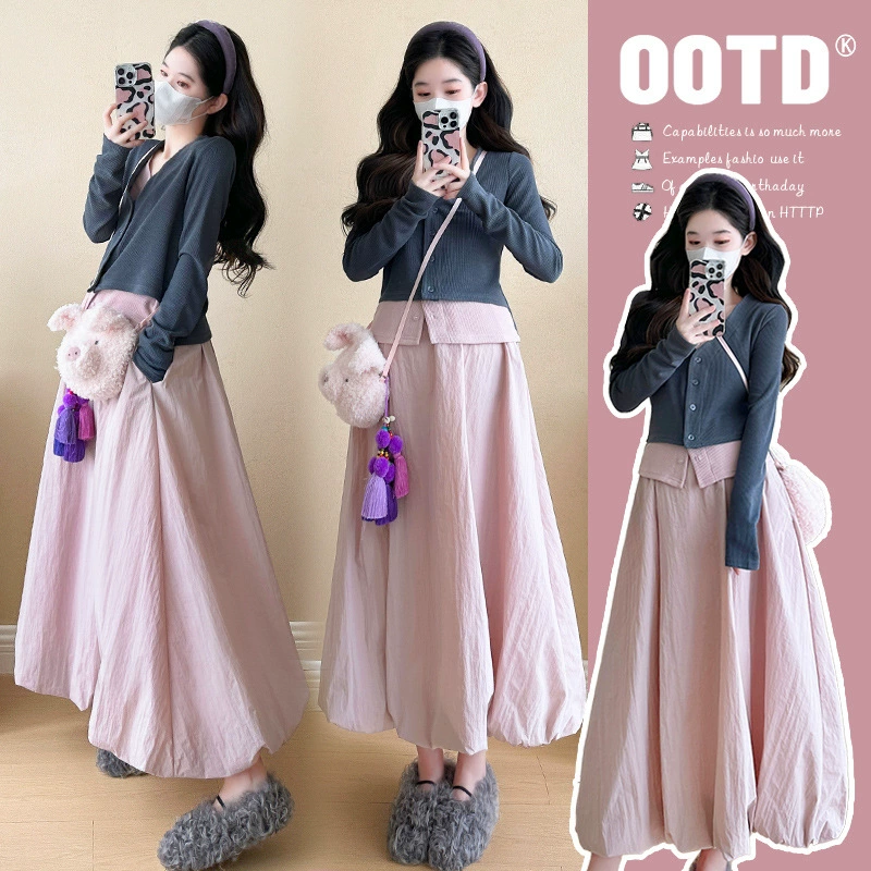 Съемка на месте ~ Осенние и зимние поддельные два топа, цветочная сумка и юбка, набор из двух частей