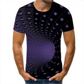 春夏TEMU跨境新款圆领T恤3D数码印花格子圆点图案短袖男女同款