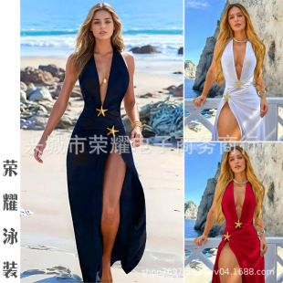 Aliexpress Cross-Border Sexy Beach Long Dress Deep V One-Piece Women's Black and White Swimsuit Two-Piece Set 2025 Hot Style Starfish