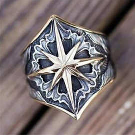 健杰    TEMU鸿硕男式雕纹复古戒指时尚花纹个性双色戒指指环跨境