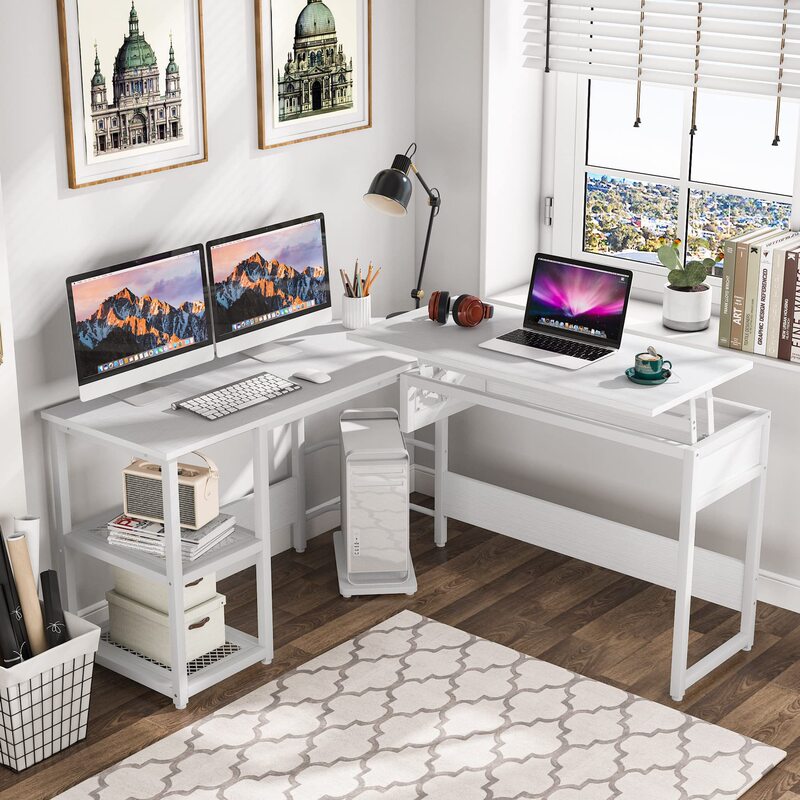 L-Shaped Computer Desk with Trendy Design, File Drawers, Corner Home Office Desk with Adjustable Height and Storage L-Shaped Computer Desk with Trendy Design, File Drawers, Corner Home Office Desk with Adjustable Height and Storage
