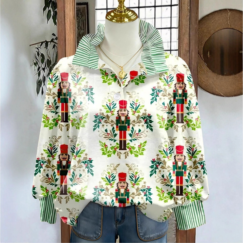 European and American Cross-Border Export Amazon Autumn and Winter Women's Casual and Comfortable Green Christmas Pattern Splicing V Neck Shirt