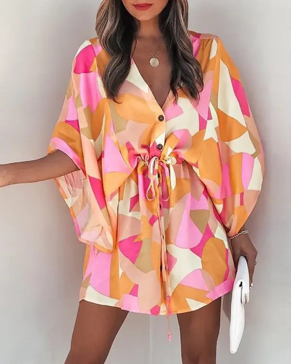 Transfronterizo europeo y americano de verano manga de vuelo Amazon deseo popular con cuello en V con cordones de ocio vestido de vacaciones ropa de mujer